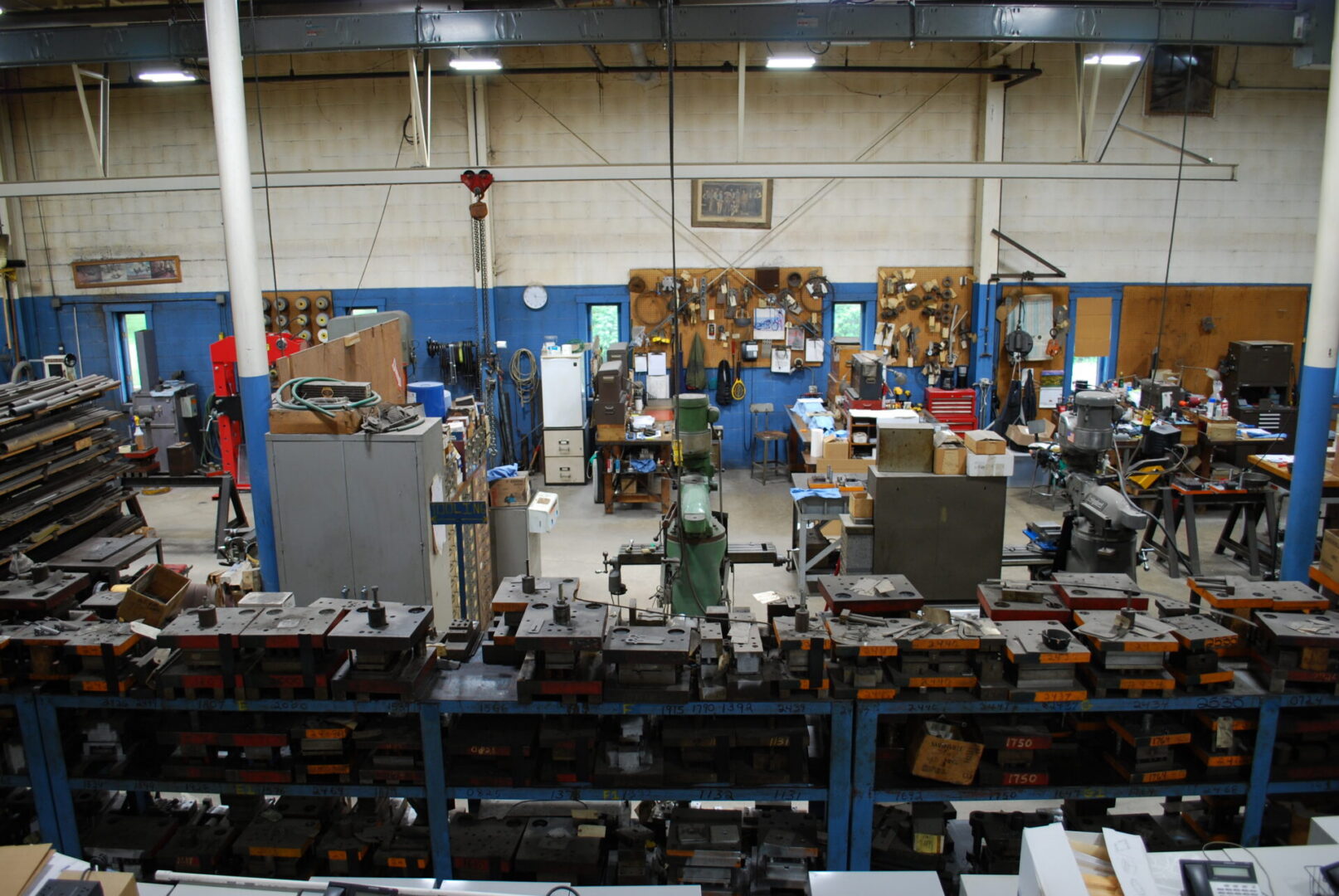 Industrial machine shop with tools and workbenches