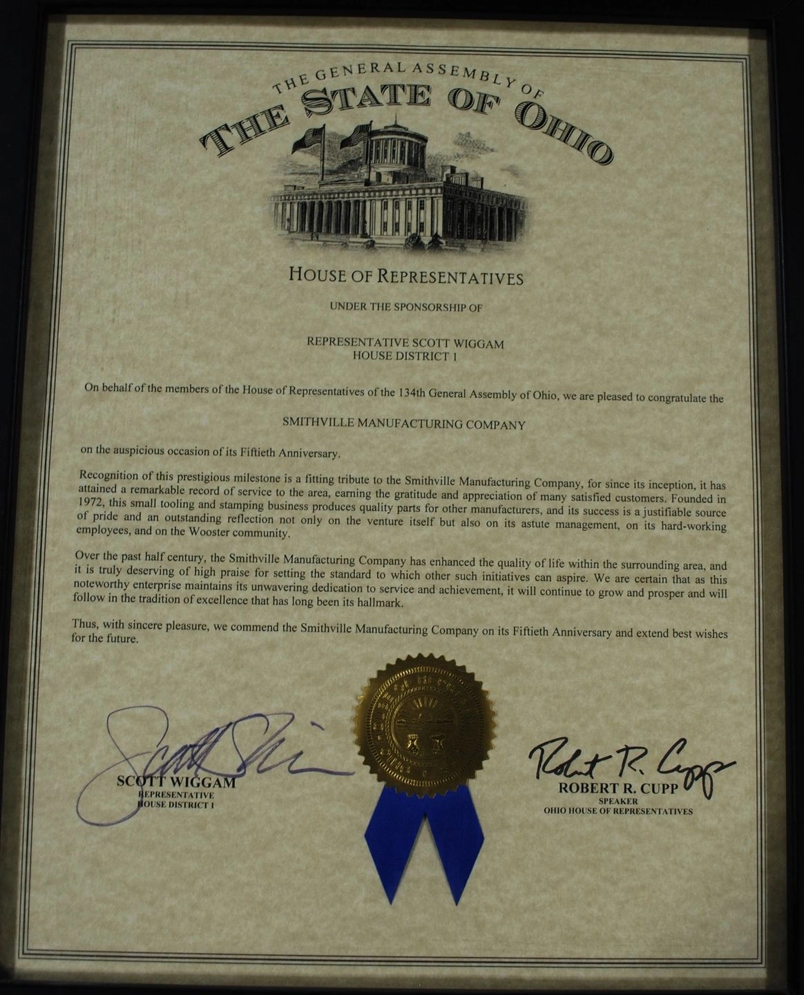 Framed State of Ohio House of Representatives certificate